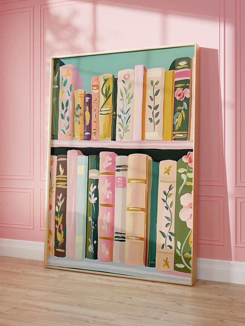 Floral Pastel Bookshelf Digital Wall Art | Cottagecore Library Decor ...