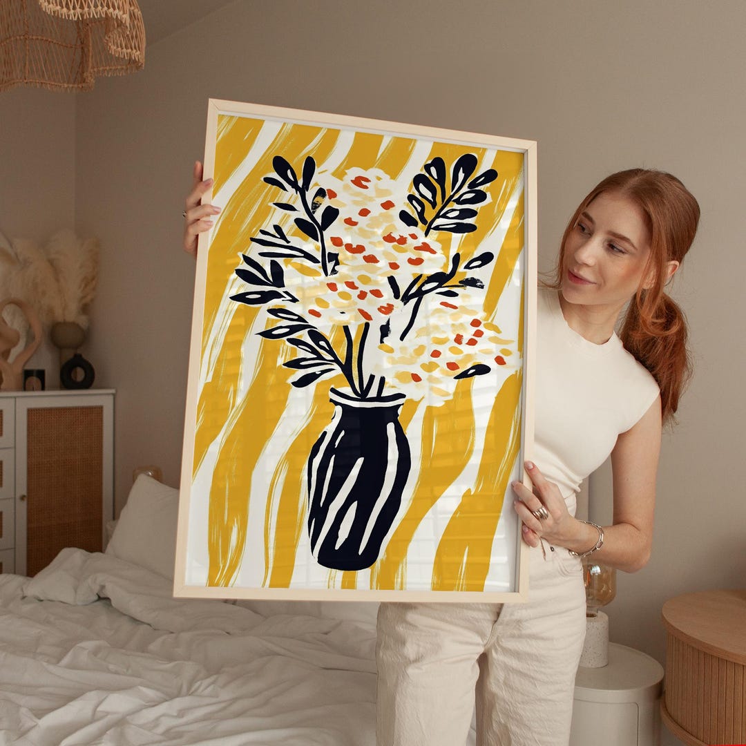 Floral Vase Wall Art Print | Mustard Yellow Black Botanical Poster ...