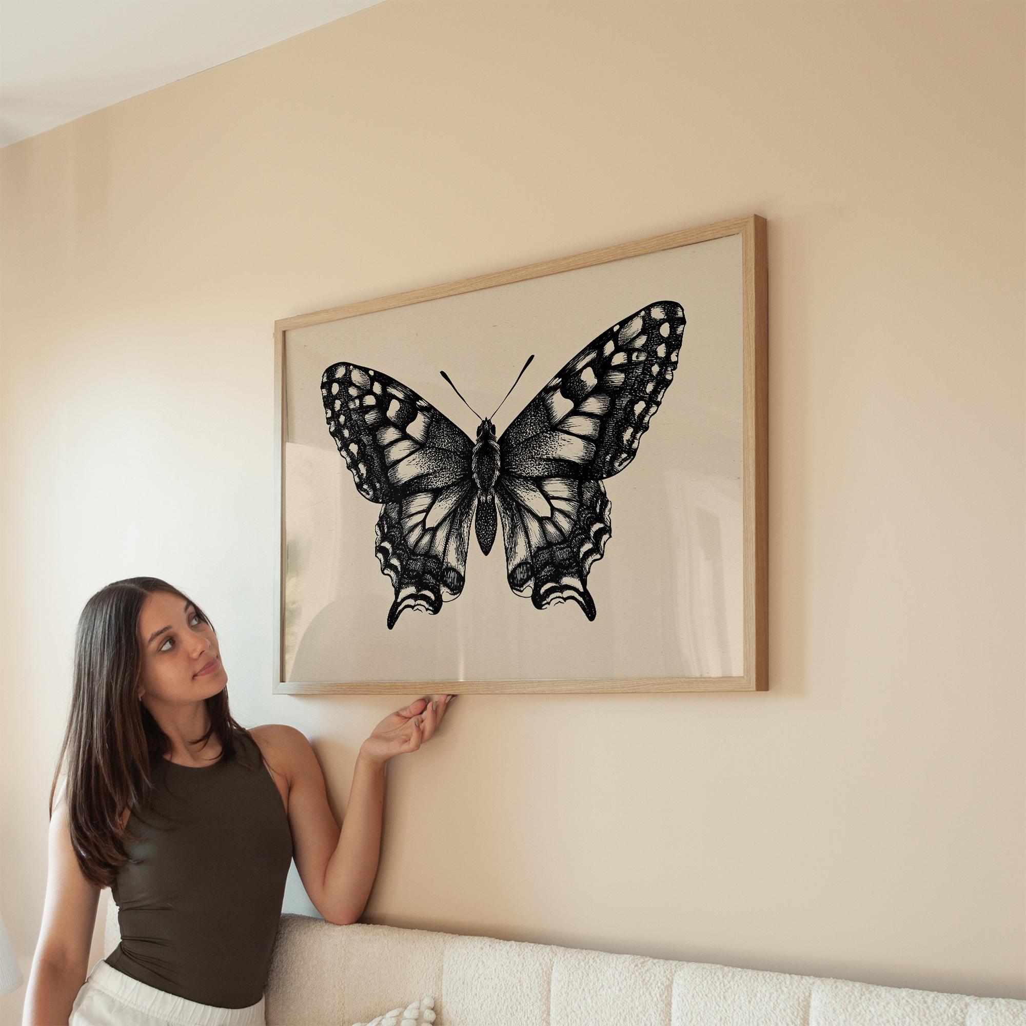 ブラックバタフライラインアートプリント 植物昆虫画 壁飾り