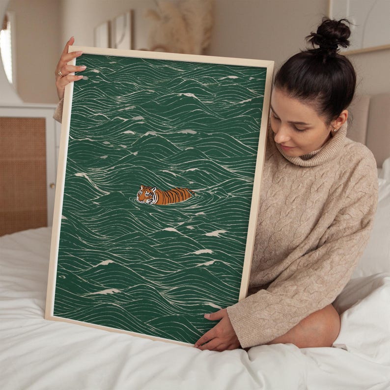 Stampa Zen Wave con tigre giapponese che nuota, arte murale minimalista Ukiyo-e, decorazione asiatica giapponese immagine 3