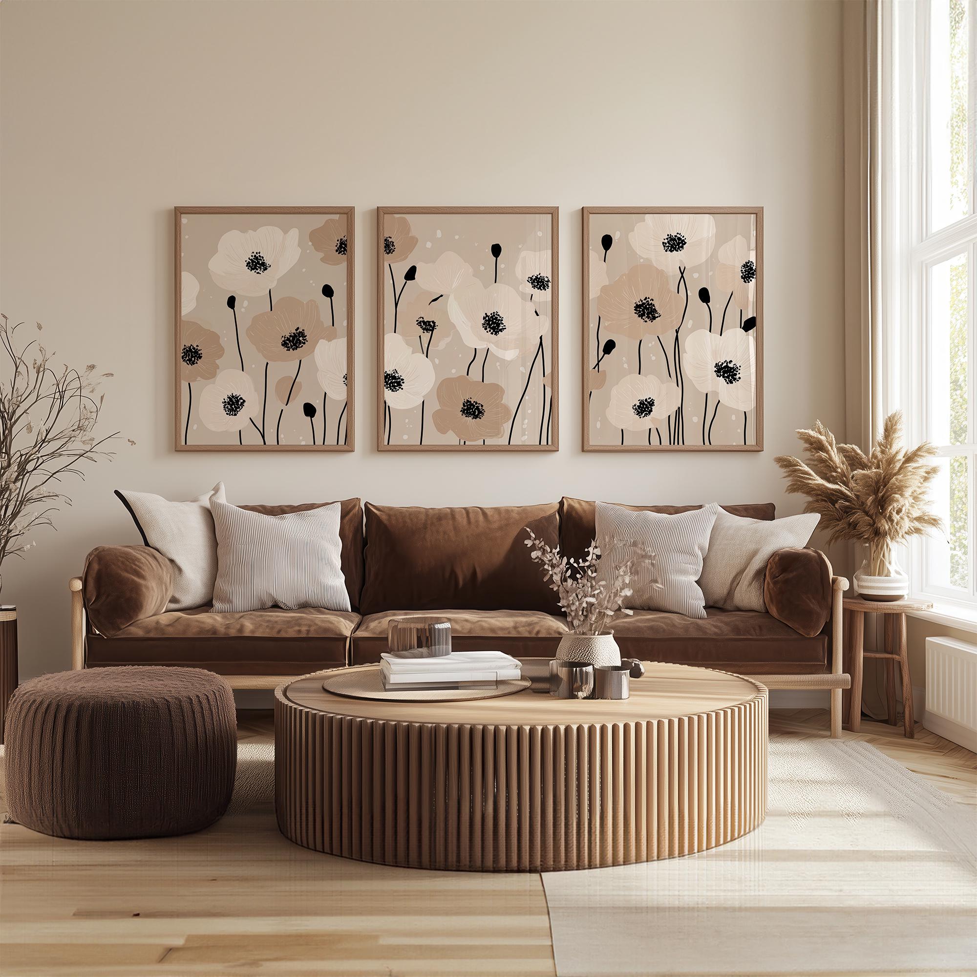 Beige Poppy Wall Art Set of 3 | Neutral Cream Black Floral Triptych ...