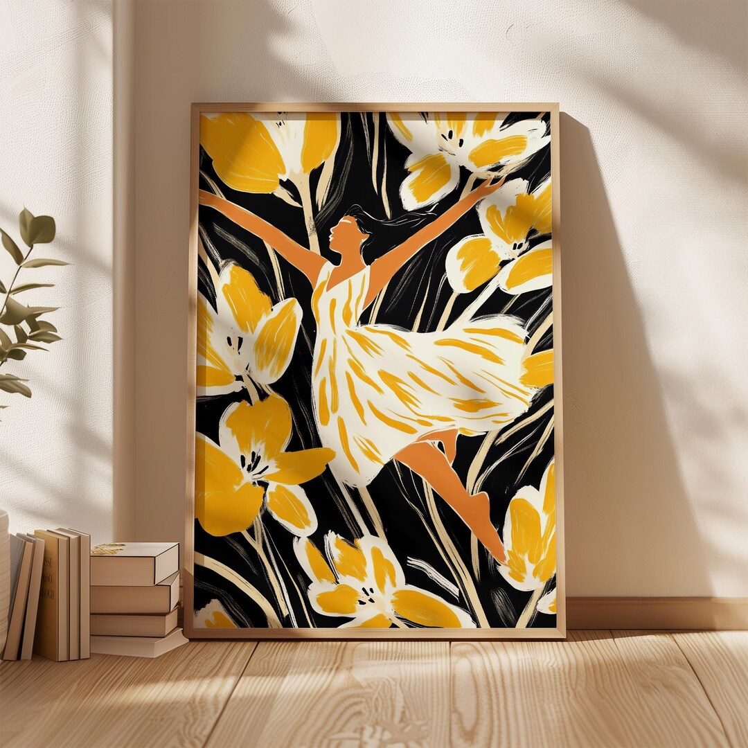 Dancing Woman Floral Wall Art Print | Yellow Black Tulip Figure Poster ...