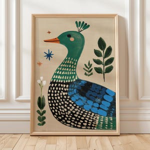 Whimsical Duck Wall Art Colorful Folk Bird Illustration Printable Nursery Decor Boho Animal Artwork for Kids Room Scandinavian Style