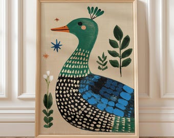 Arte de pared de pato caprichoso, ilustración de pájaro folclórico colorido, decoración imprimible para guardería, obra de arte de animales boho para habitación infantil, estilo escandinavo