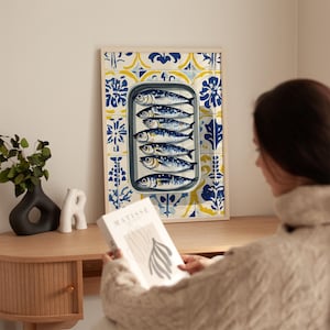 Portuguese Sardine Wall Art | Blue & Yellow Tile Pattern with Fish Print | Mediterranean Kitchen Decor | Coastal Digital Artwork image 7