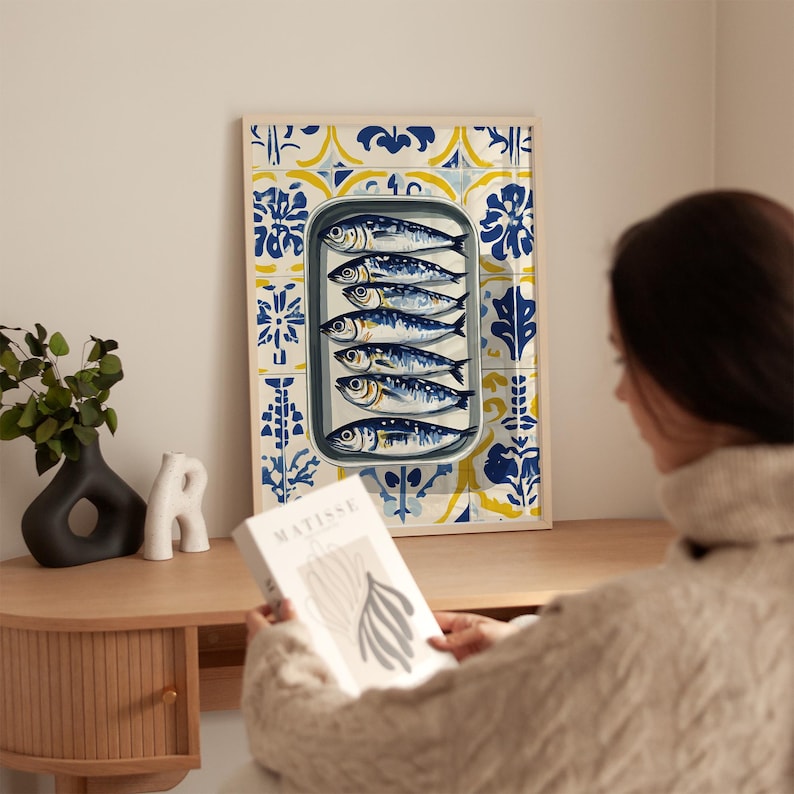 Portuguese Sardine Wall Art | Blue & Yellow Tile Pattern with Fish Print | Mediterranean Kitchen Decor | Coastal Digital Artwork image 7