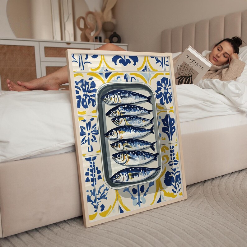 Portuguese Sardine Wall Art | Blue & Yellow Tile Pattern with Fish Print | Mediterranean Kitchen Decor | Coastal Digital Artwork image 5