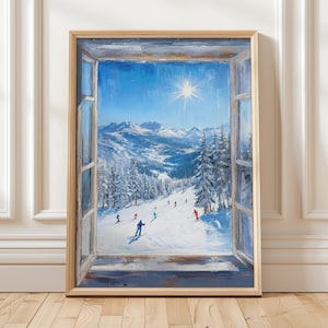 Ski Resort Window View Wall Art Winter Mountain Landscape Painting Snowy Alps Scene Printable Poster Skiing Digital Art Print Download