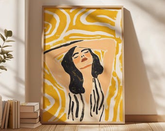 Woman Portrait Print, Yellow Mustard Wall Art, Boho Feminine Decor, Graphic Line Art Poster