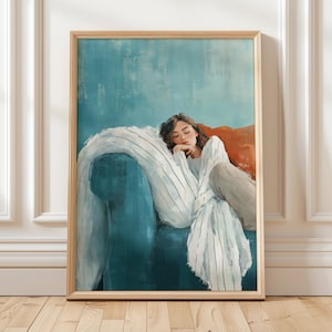 Dreamy Sleeping Woman Print, Cozy Abstract Wall Art, Minimalist Print Living Room Wall Art Stripe Woman Print, Digital Download