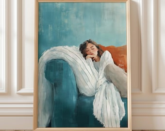 Dreamy Sleeping Woman Print, Cozy Abstract Wall Art, Minimalist Print Living Room Wall Art Stripe Woman Print, Digital Download