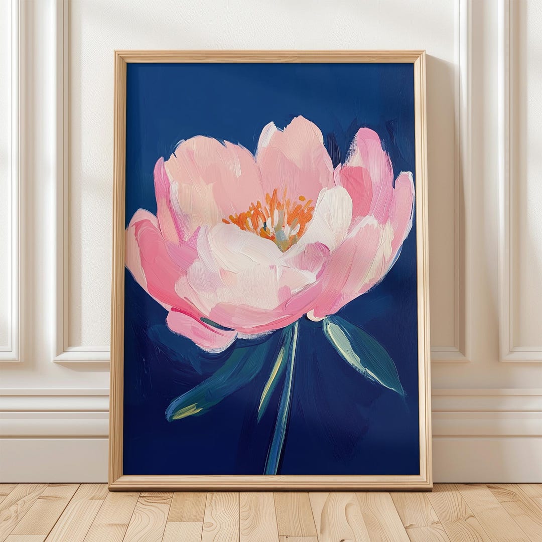 Peony Printable Wall Art Pink Navy Blue | Bold Flower Print Instant ...