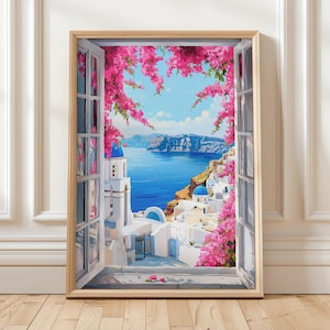 Griechenland Fenster Aussicht Druck Santorini Wand Kunst Rosa Blumen Meer Küste Malerei Mittelmeer Poster Sommer Insel Reise Dekor Traum