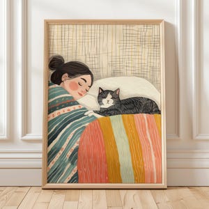 Cute Cat and Woman Sleep Together, Cozy Sleeping Cat Print, Whimsical Feline Wall Art, Soft Neutral Aesthetic Digital Download Print