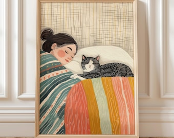 Mädchen Katze schlafend druckbare Kunst gemütlich | Katzenmama Poster Sofort Download | Buntes niedliches Schlafzimmer Wohnkultur