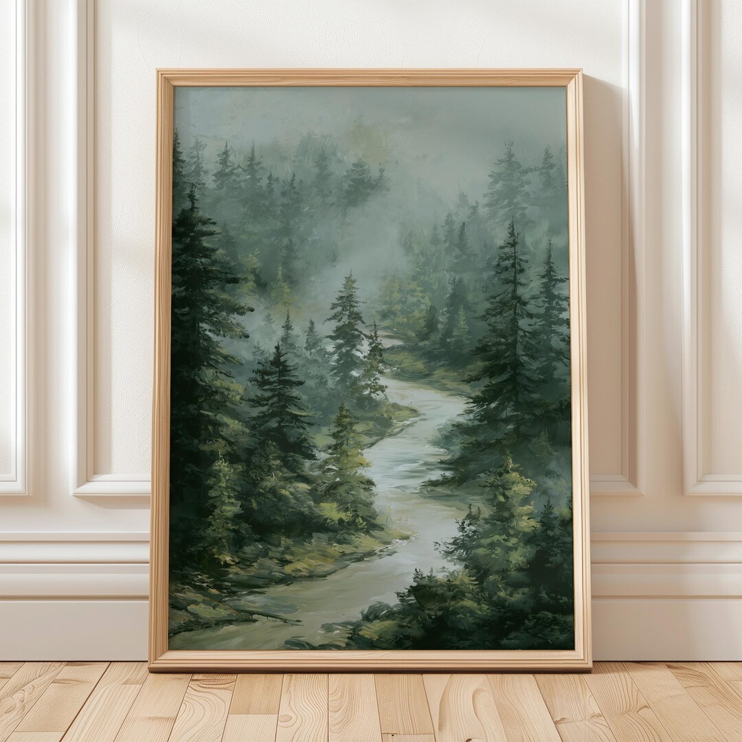 Misty Forest Wall Art Print | Green Pine Tree River Poster | Nature ...
