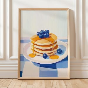 Blueberry Pancakes Wall Art | Bright Kitchen Print | Breakfast Food Painting | Modern Digital Artwork | Sweet Brunch Kitchen Decor