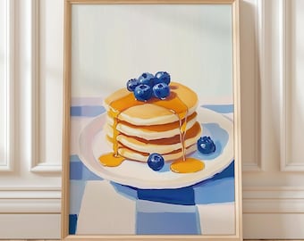 Blueberry Pancakes Wall Art | Bright Kitchen Print | Breakfast Food Painting | Modern Digital Artwork | Sweet Brunch Kitchen Decor