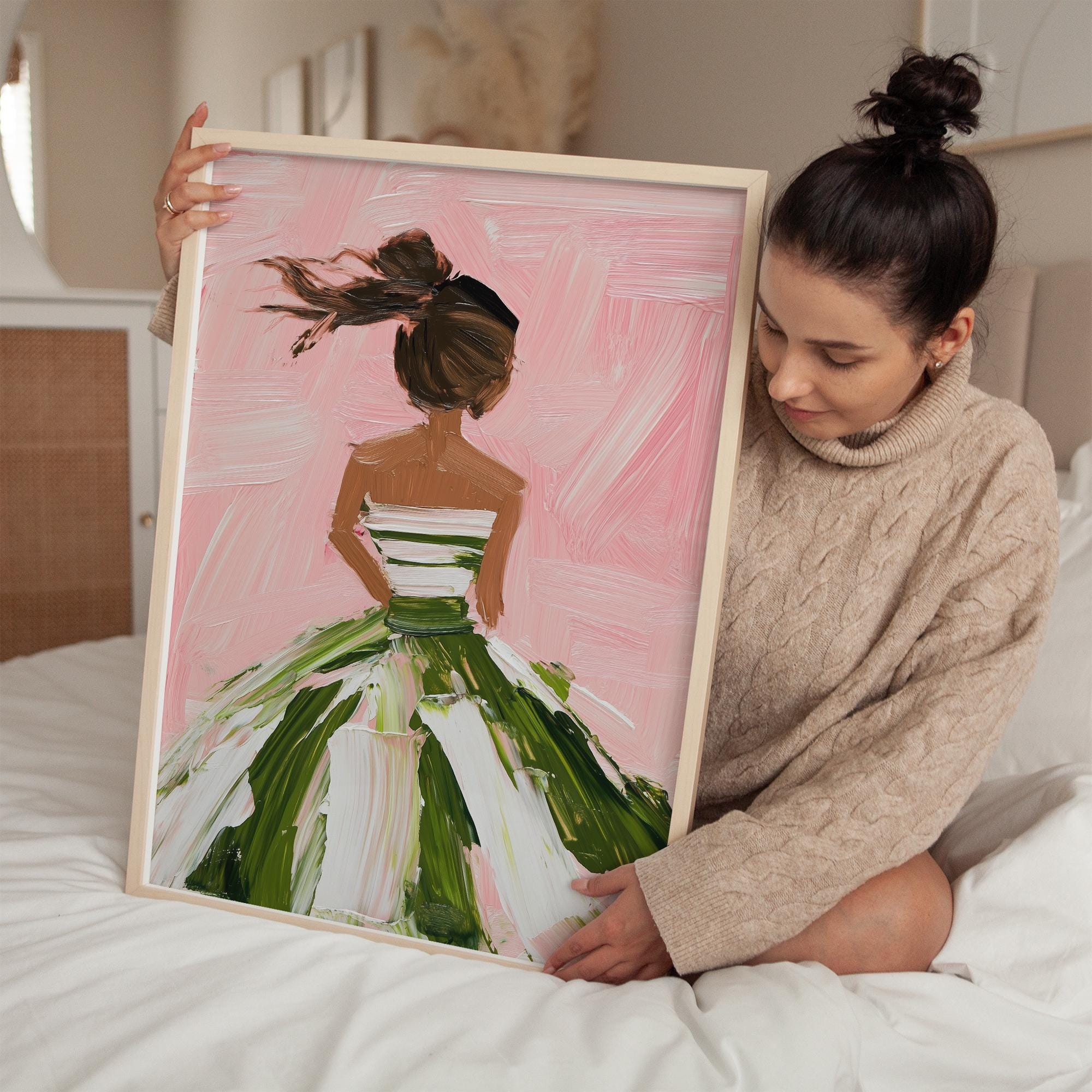 Elegant Woman Art Print, Pink and Green Dress Wall Art, Modern Painting ...