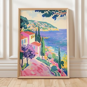Impresión colorida de la costa mediterránea, arte mural de la Riviera Francesa, pintura vibrante con vista al mar, póster de casa de verano, decoración de paisaje de viaje costero