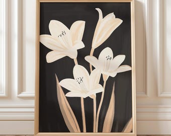 Lily Printable Wall Art Cream Black | Dark Botanical Flower Print Instant Download | Elegant Moody Home Decor