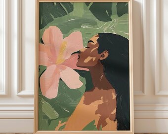 Tropical Woman Floral Art Print – Green & Pink Botanical Wall Art – Minimalist Female Portrait – Modern Aesthetic Digital Download