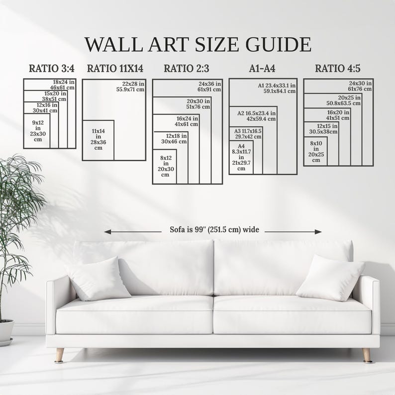K&ouml;nnte beinhalten: Ein Wandkunst-Gr&ouml;&szlig;enleitfaden mit verschiedenen Verh&auml;ltnissen und Ma&szlig;en in Zoll und Zentimetern. Der Leitfaden zeigt die Abmessungen verschiedener Gr&ouml;&szlig;en von Wandkunst, einschlie&szlig;lich der Verh&auml;ltnisse 3:4, 11x14, 2:3, A1-A4 und 4:5. Der Leitfaden enth&auml;lt auch ein Sofa, das 99 Zoll (251,5 cm) breit ist.