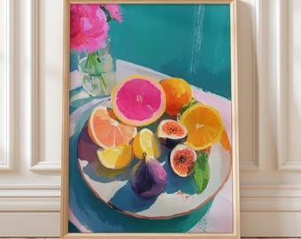 Colorful Fruit Bowl Wall Art Modern Still Life Print Vibrant Kitchen Decor Contemporary Food Artwork