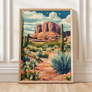 Southwest Desert Wall Art Kaktus Landschaftsdruck Western Natur Dekor Bunte Wüstenszene mit Kakteen und Bergen Retro Western Poster