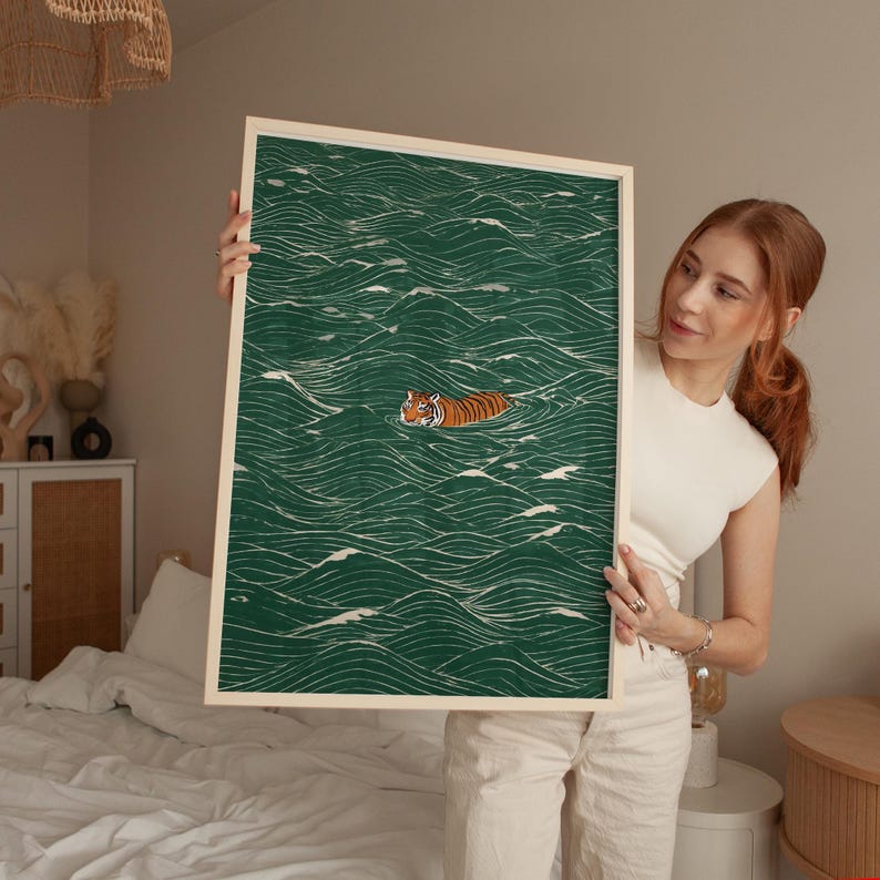 Stampa Zen Wave con tigre giapponese che nuota, arte murale minimalista Ukiyo-e, decorazione asiatica giapponese immagine 6