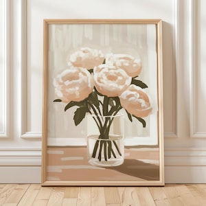 Arte de pared con peonía, jarrón imprimible, pintura, estampado floral beige suave, póster botánico neutro, descarga digital, decoración del hogar, obra de arte de peonía