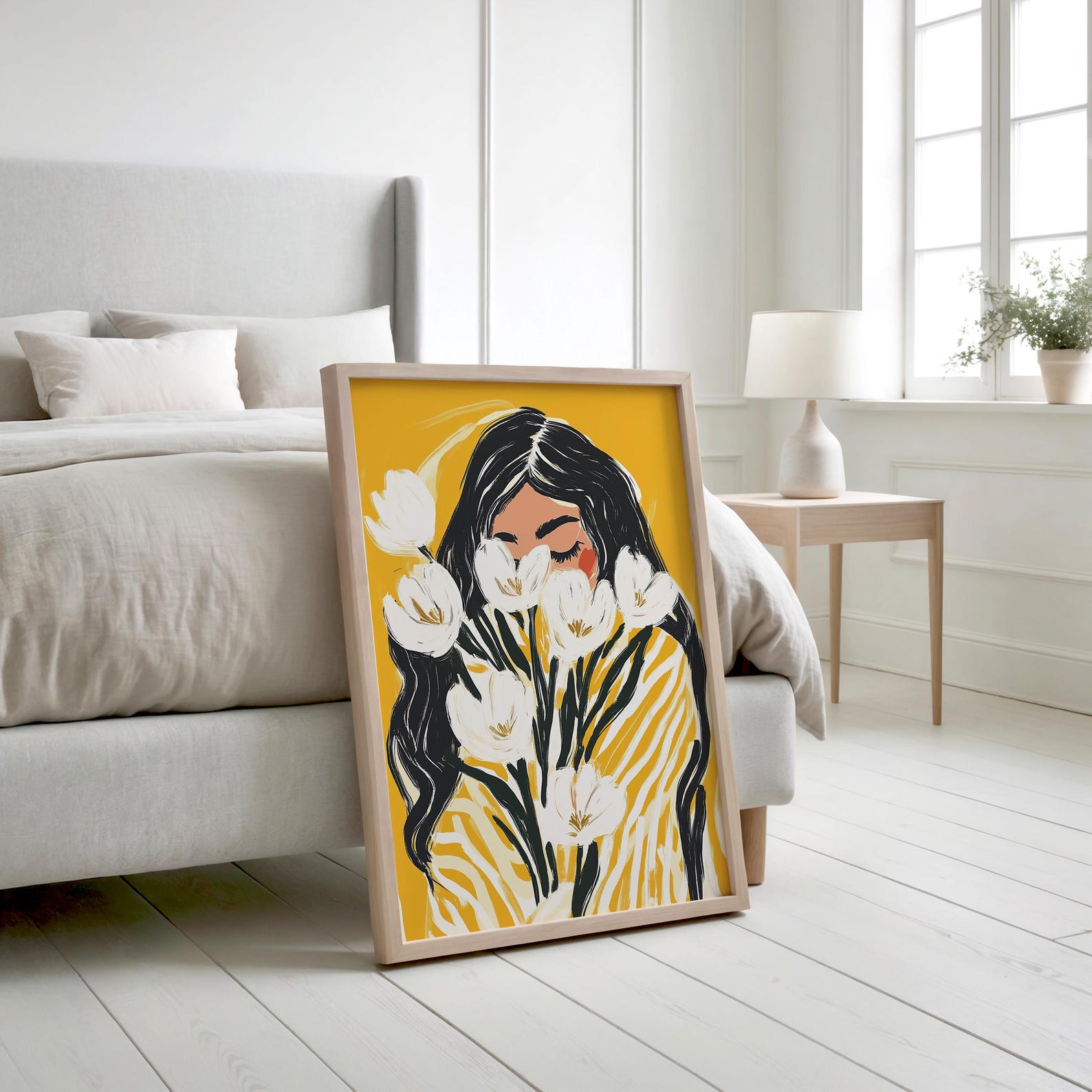 Modern Floral Woman Wall Art Print Yellow Abstract Portrait ...