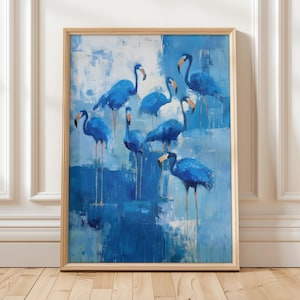 Bold Blue Flamingo Art Print with Modern Abstract Brushstrokes Vibrant Tropical Bird Painting for Eclectic and Colorful Wall Decor