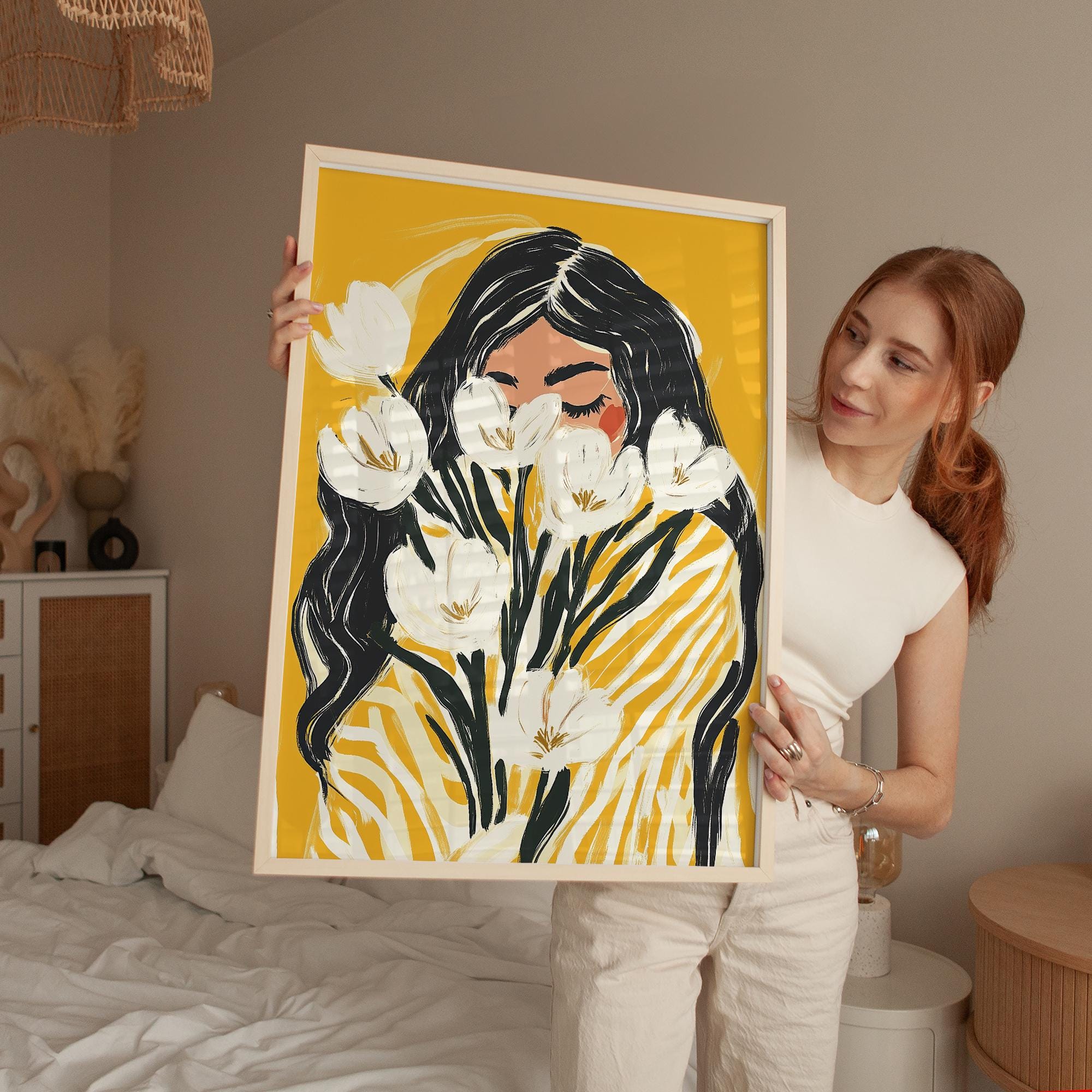 Modern Floral Woman Wall Art Print Yellow Abstract Portrait ...