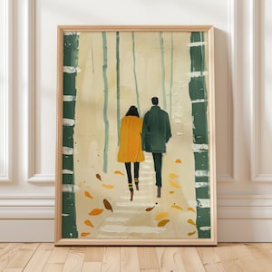 Puede incluir: Impresión artística enmarcada que representa a dos figuras caminando por un bosque. Una figura lleva un abrigo amarillo, la otra un abrigo verde. El fondo presenta árboles estilizados y hojas otoñales.