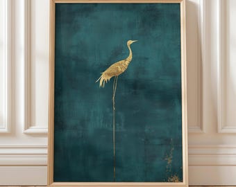 Golden Crane Art Print | Wall Art Poster | Elegant Gold and Teal Cranes | Living Room or Office Decor | Digital Download | PRINTABLE