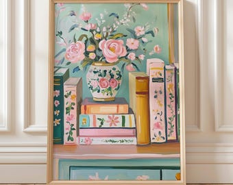 Vintage Floral Bookshelf Wall Art, Pastel Book Lover Gift, Soft Botanical Bookshelf Artwork, Dreamy Literature Lover Decor, Digital Download