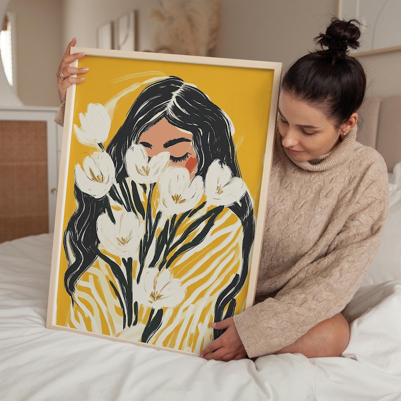 Modern Floral Woman Wall Art Print Yellow Abstract Portrait ...