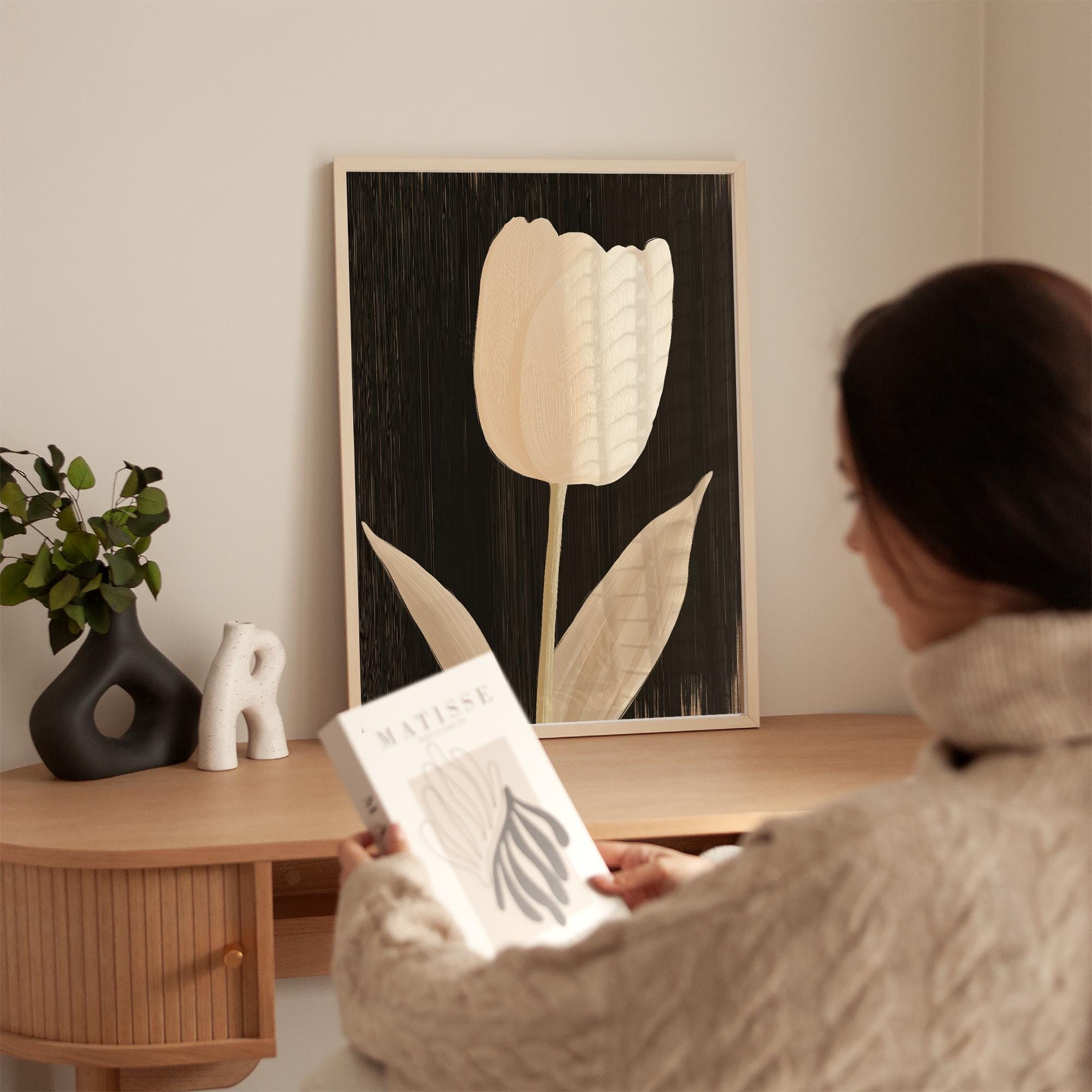 Minimalist Tulip Wall Art Neutral Flower Print Beige Botanical ...