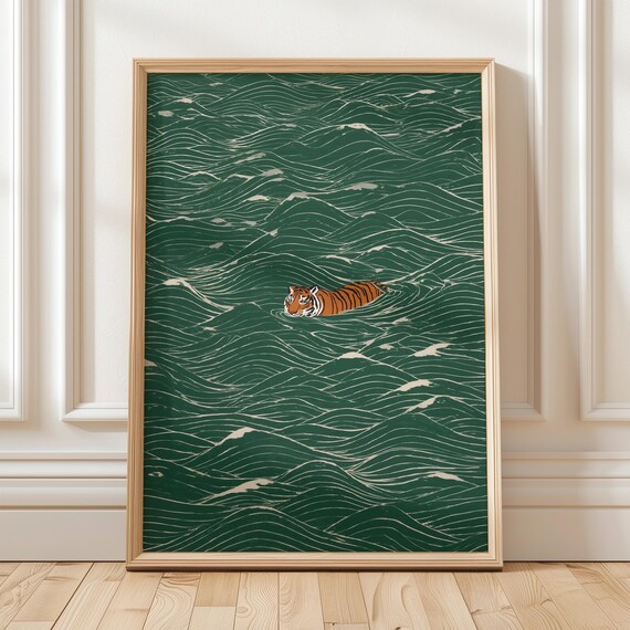 Zen Wave Japanese Tiger Swimming Print Minimalist Ukiyo-e Animal Wall Art Japandi Asian Decor