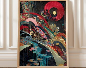 Abstract Japanese Style Wall Art Red Gold Black Digital Print Modern Bold Colorful Art Deco Inspired Poster for Elegant Home Decor