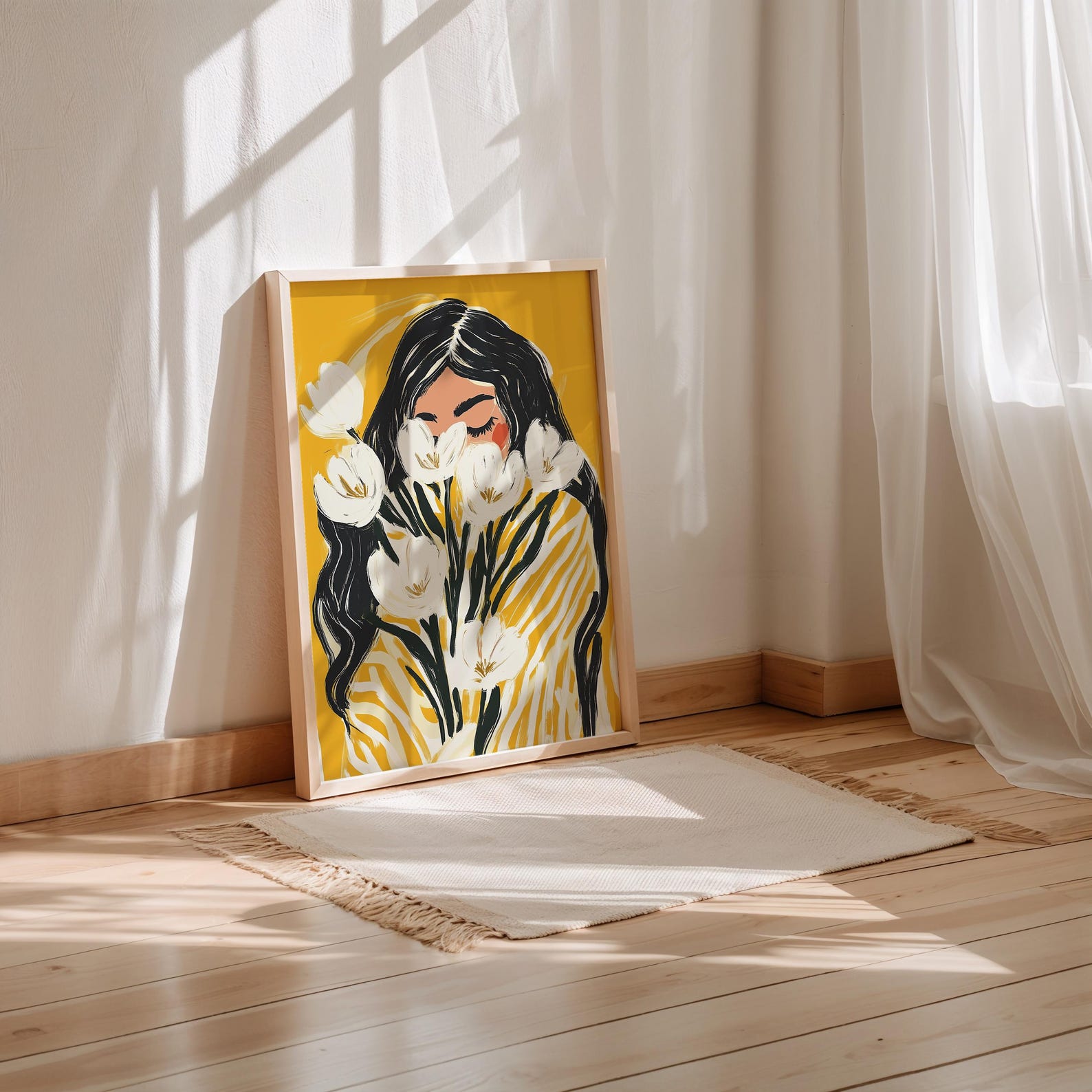 Modern Floral Woman Wall Art Print Yellow Abstract Portrait ...