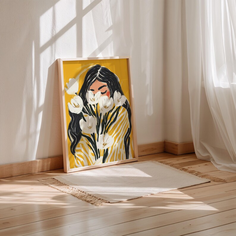 Modern Floral Woman Wall Art Print Yellow Abstract Portrait ...