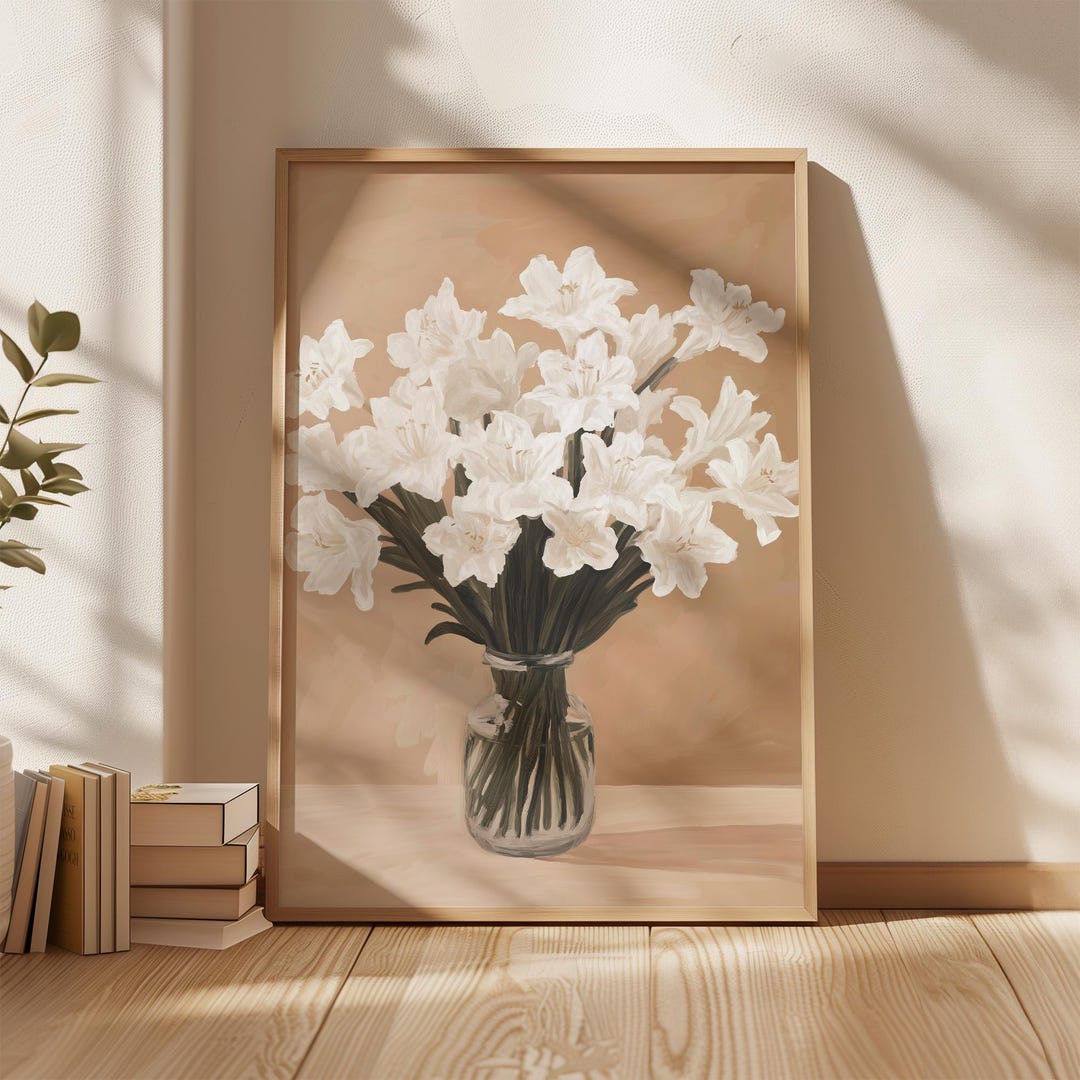 White Flower Bouquet Wall Art Beige Floral Vase Print Neutral Botanical ...