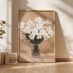Arte de pared con ramo de flores blancas, estampado de jarrón floral beige, póster botánico neutro, decoración minimalista moderna para el hogar, descarga digital, arte imprimible