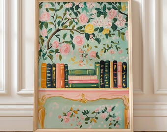 Blumen Bücher Regal Kunstdruck romantische Buch Liebhaber Dekor Pastell botanische Illustration Vintage Stil Wand Kunst druckbare Gemälde