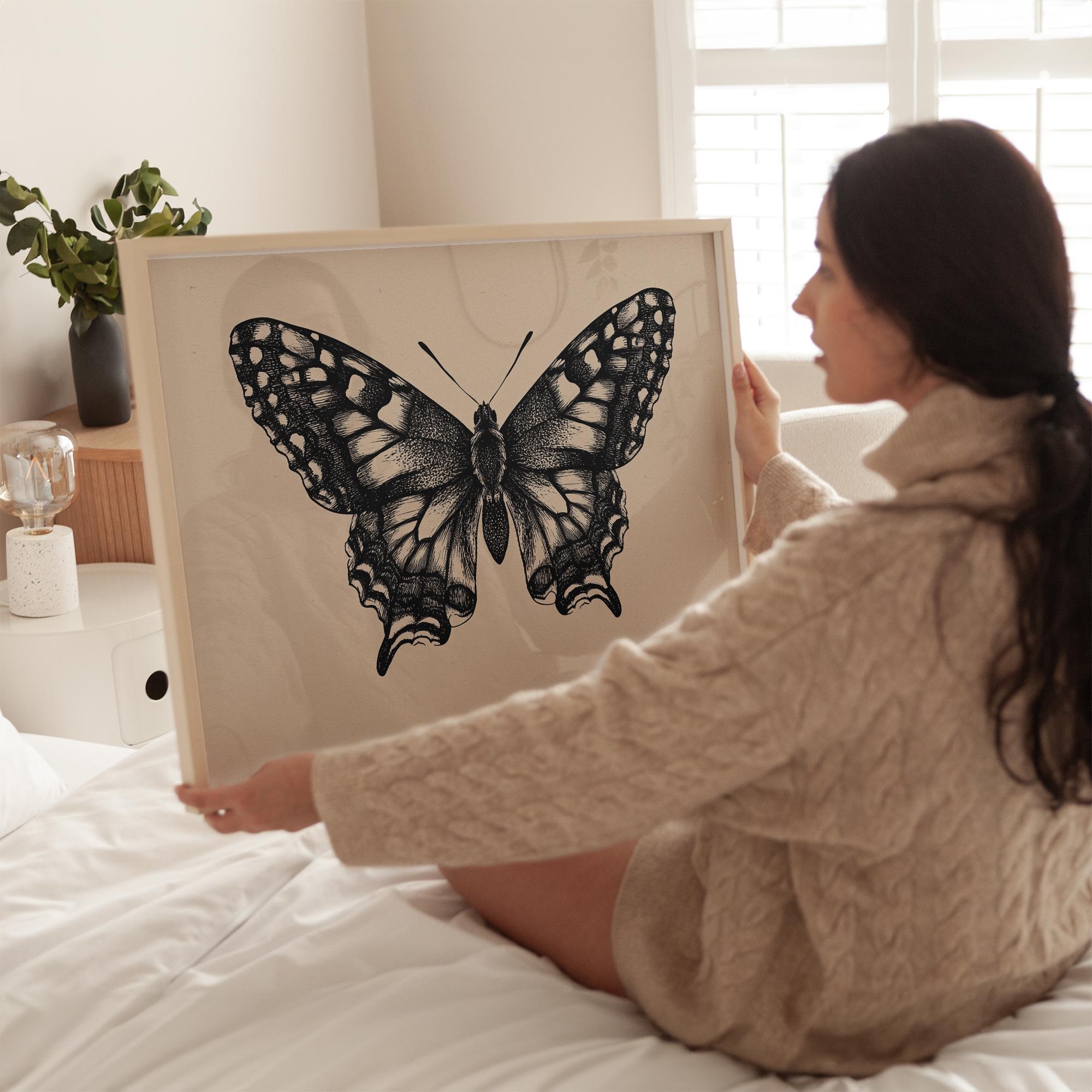 ブラックバタフライラインアートプリント 植物昆虫画 壁飾り