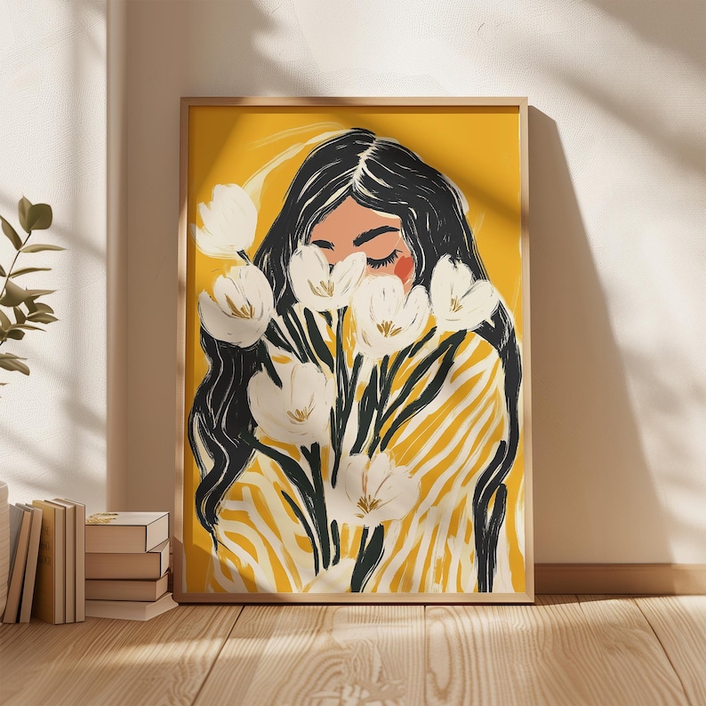 Modern Floral Woman Wall Art Print Yellow Abstract Portrait ...