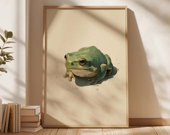 Frog Wall Art Print, Cute Green Frog Portrait Poster, Minimalist Animal Cottagecore Home Decor
