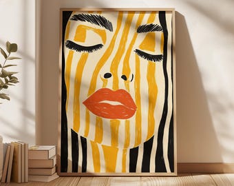 Abstract Face Wall Art Print | Yellow Black Red Lips Bold Portrait Poster | Graphic Feminine Home Decor